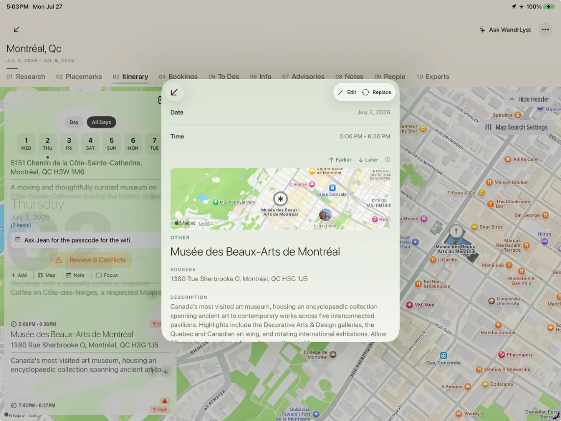 A day-by-day Montréal itinerary on iPad, with a scheduled stop at the Musée des Beaux-Arts open beside the map.